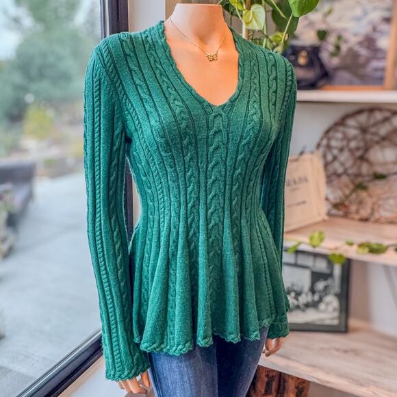 Antonio Melani Green V-Neck Cable Knit Peplum Sweater Flared Waist Womens Medium - Picture 2 of 8